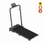 Svart walking pad med høyt U-formet håndtak, hylle for nettbrett øverst og LED-display foran på dekket