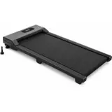 Flat mørkegrå walking pad uten håndtak, med digitalt display i frontdekselet og løs justeringsfot