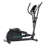 Svart crosstrainer med lukket svinghjulsdeksel bak, grønne detaljer og stor digital konsoll mellom de bevegelige armene