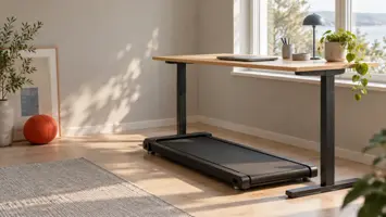 En slank, svart walking pad på lyst tregulv under et hevet skrivebord i et lyst hjemmekontor med planter i vinduet