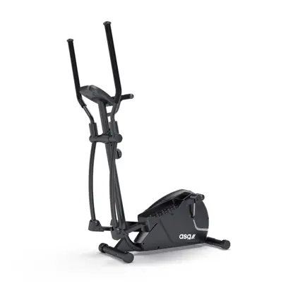 Svart crosstrainer med to lange bevegelige håndtak, faste grep og et lukket svinghjulsdeksel under de flate fotplatene