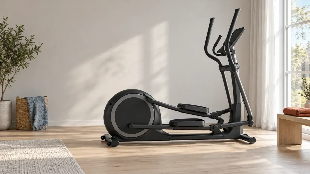 En svart og grå crosstrainer med lange bevegelige håndtak på lyst tregulv i et lyst rom ved et vindu